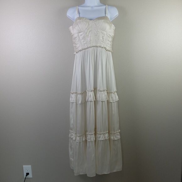 AQUA Ruffle Tiered Smocked Bodice Spaghetti Strap Midi Dress in Pearl Size L NWT - Picture 1 of 14